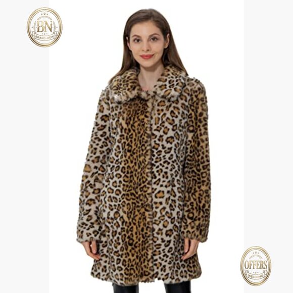 Leopard Print Faux Fur Sherpa Fleece Coat Jacket Overcoat - Picture 4 of 7